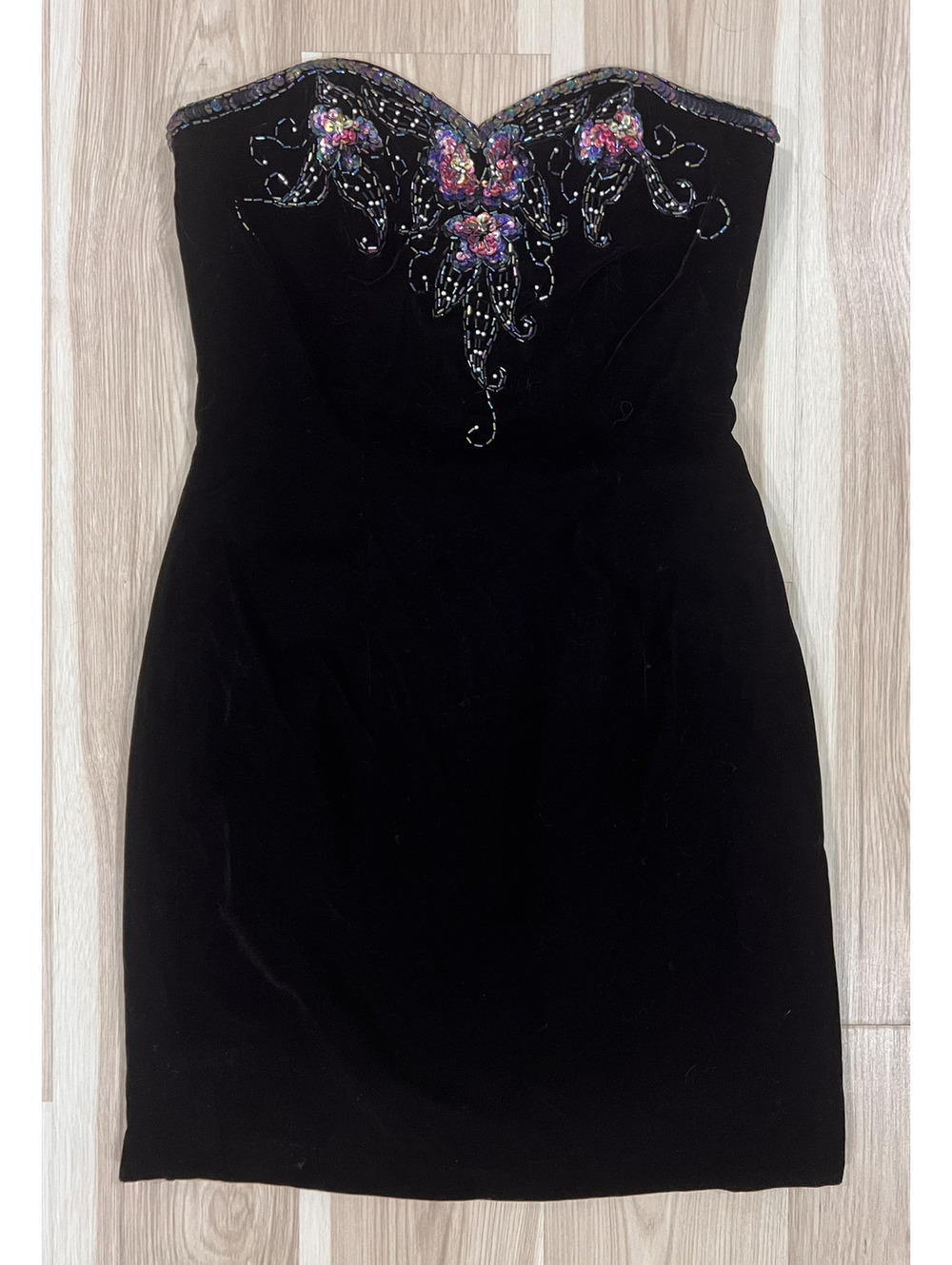 VTG Nadine Black Velvet Sequin Strapless Mini Dress Sm